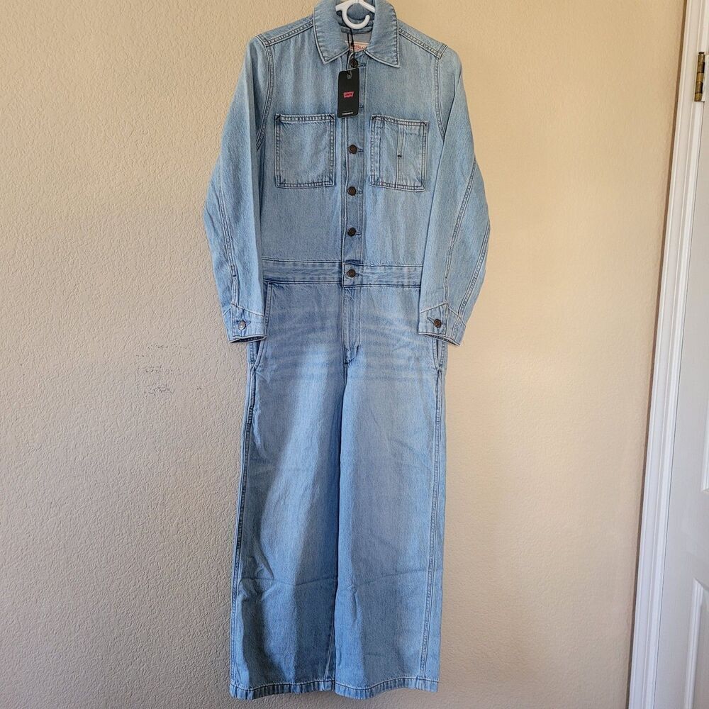 Levi's Denim Coveralls Womens Sz Xsmall Overall Blue Long Sleeve Button Wide Leg